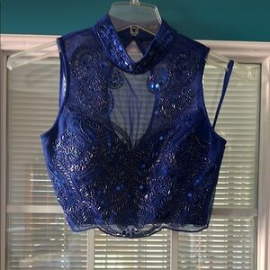 Love Reign Blue Sleeveless Embellished Crop Blouse
